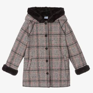 Mayoral Black and Red Plaid Pea Coat with Faux Fur